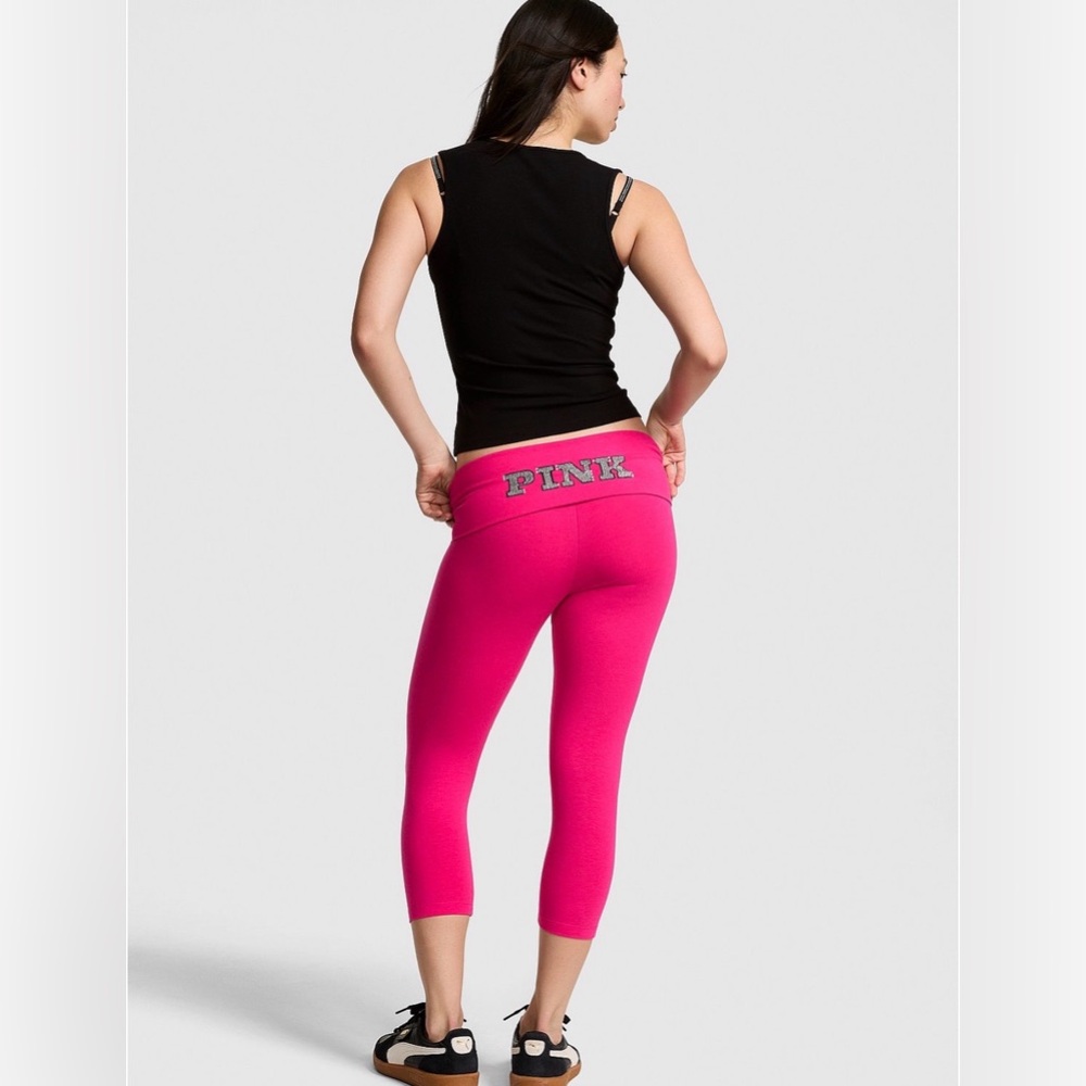 Victoria’s Secret PINK Bling Yoga Capri Leggings Hot Pink Fold Over NWT - Picture 2 of 8